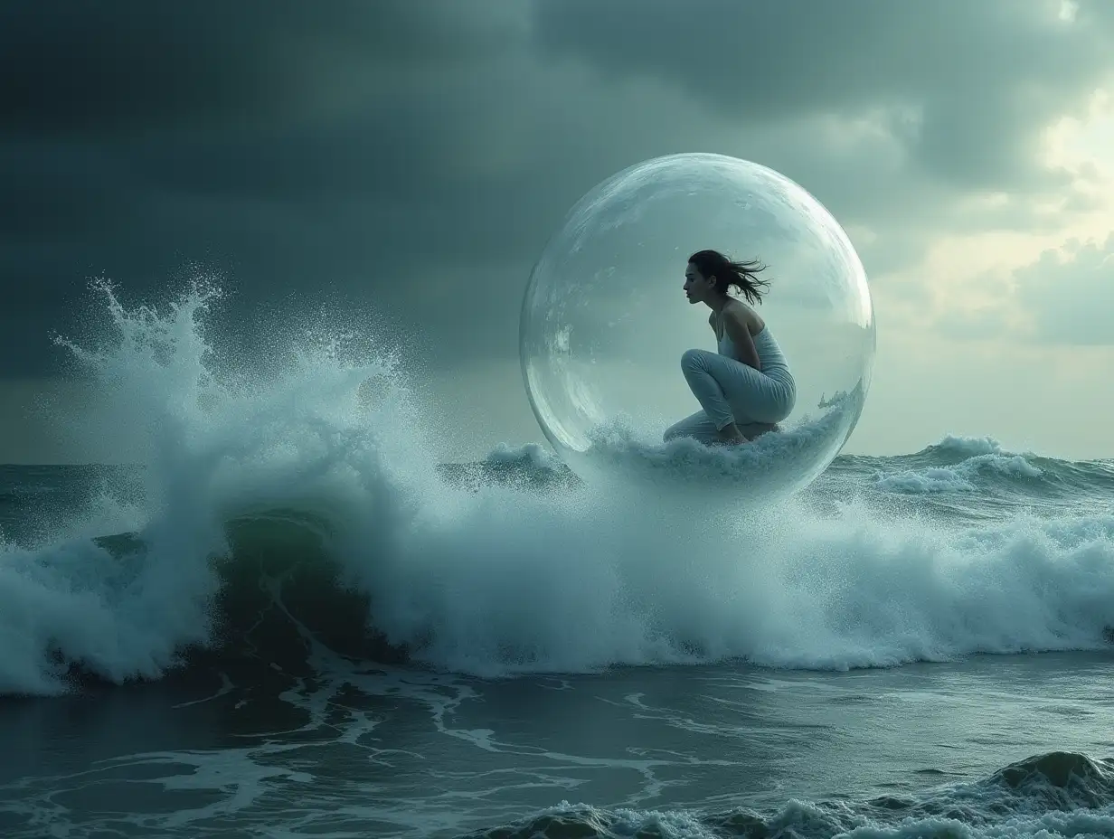 Woman-in-White-Inside-a-Transparent-Bubble-Floating-Above-Rough-Sea-Waves