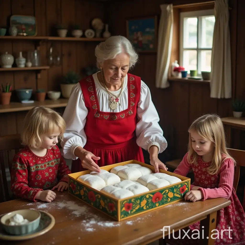 A grandmother in a red folk costume with white sleeves arranges a four-cornered white marshmallow in a beautiful painted box on a wooden table in a cozy wooden house, her grandchildren beside her