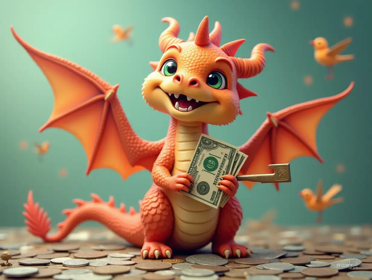 cute dragon holding a key, money, financial charts, little birds in the background