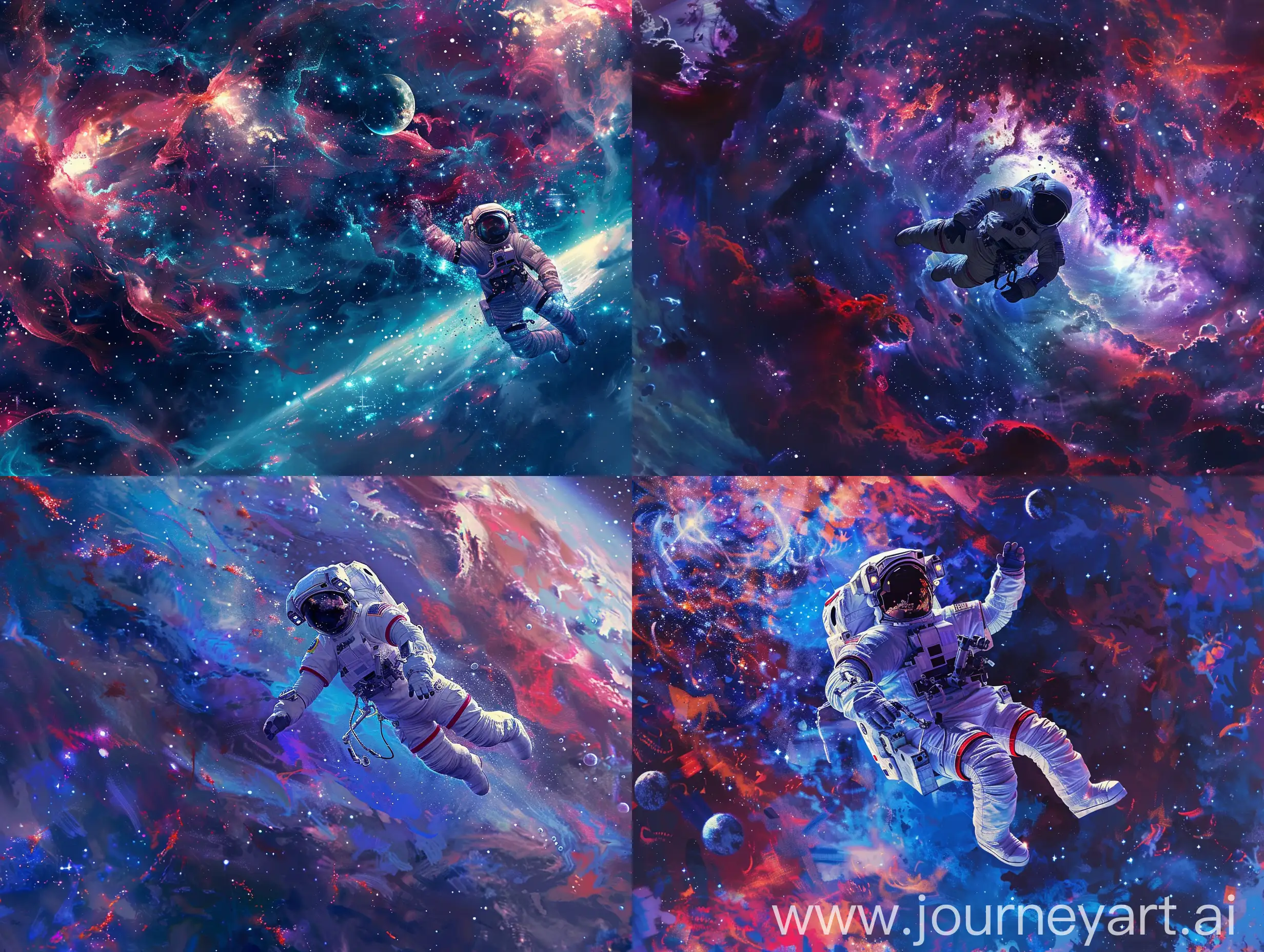 Astronaut-Swimming-in-Blue-Galaxy-with-Red-Stars-and-Purple-Moon