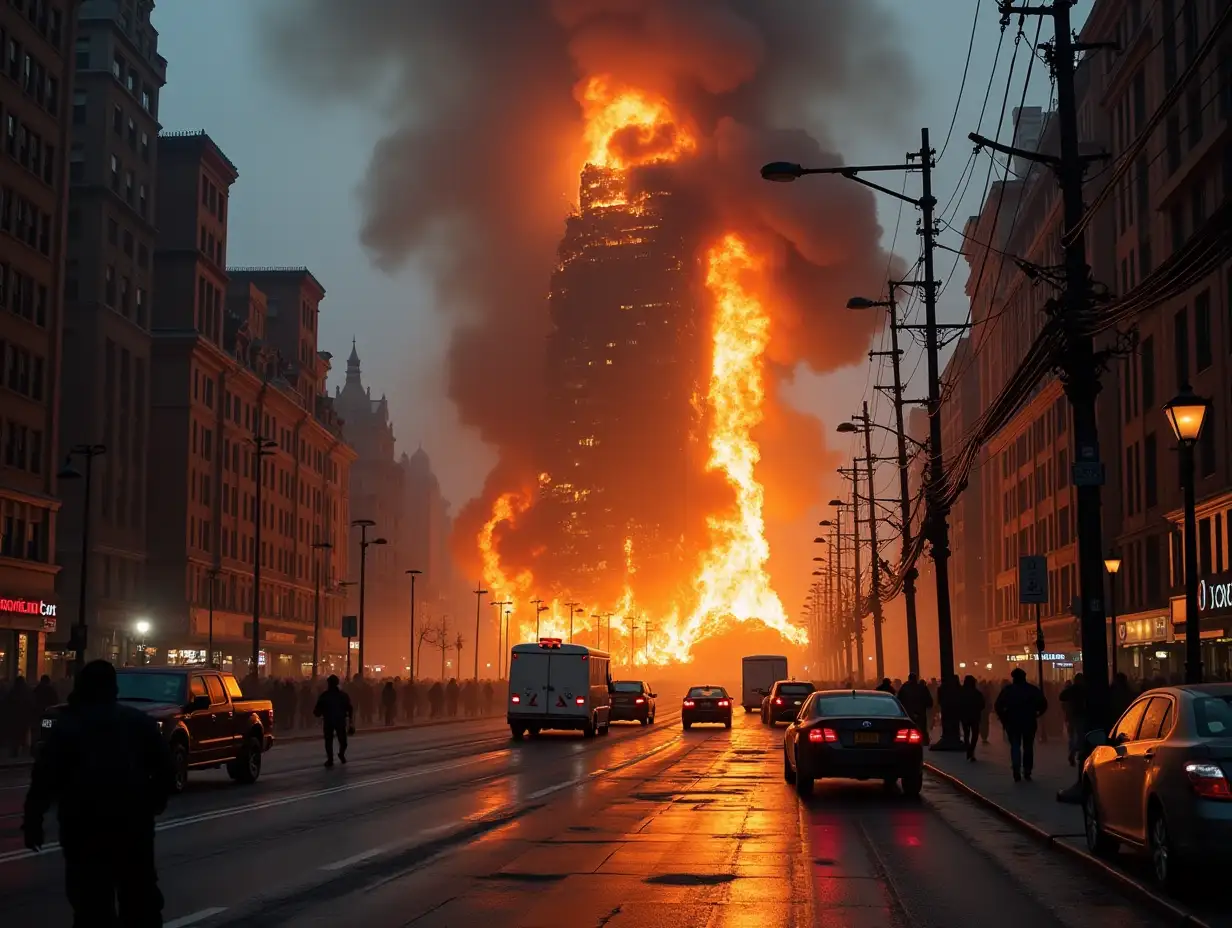 image on the street, up close, fire in the middle of skyscraper, collapsing skyscraper, chaos, flames, smoke, dust