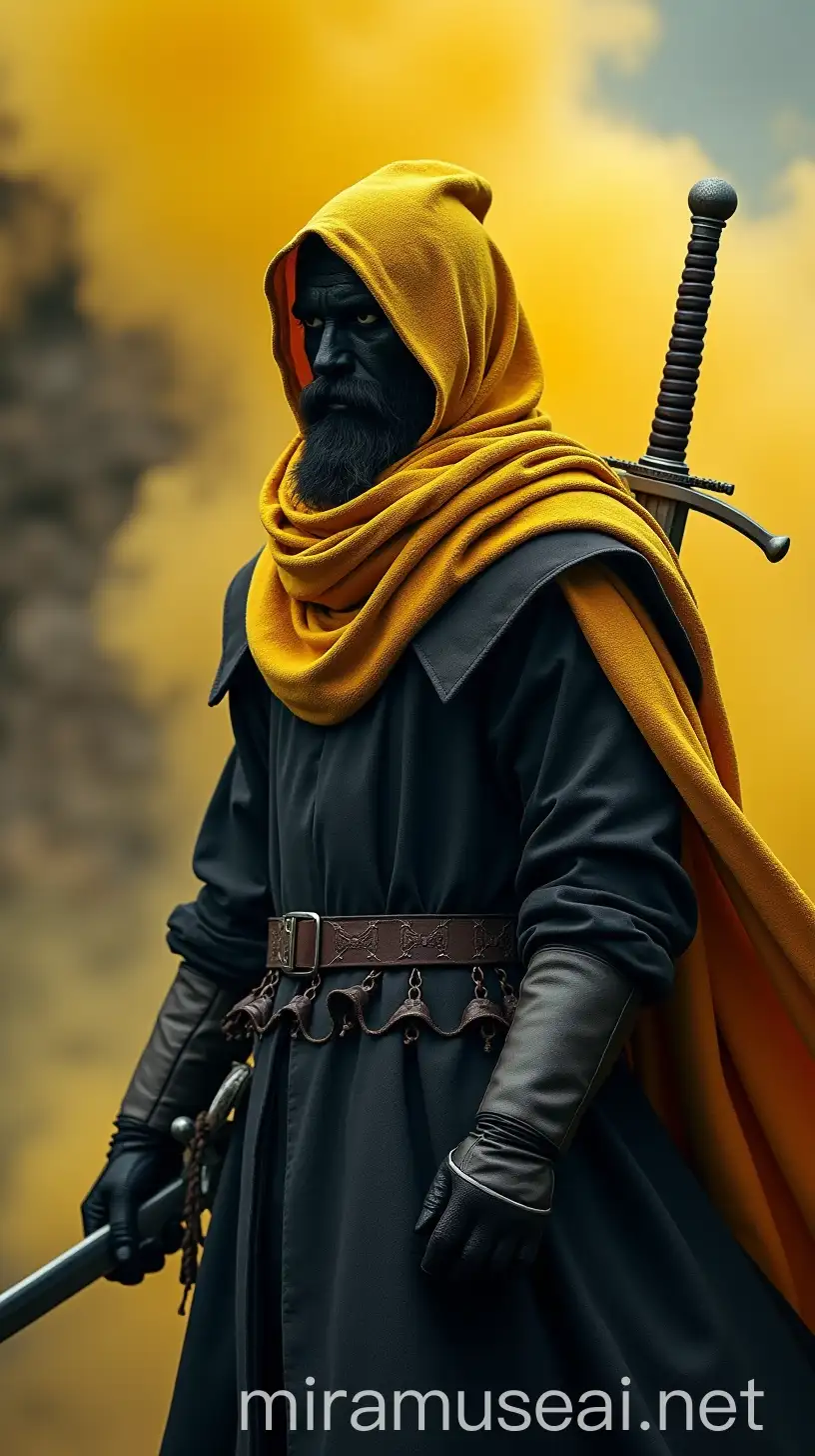 Warrior on Ancient Fortress Black and Yellow Battle Aesthetic