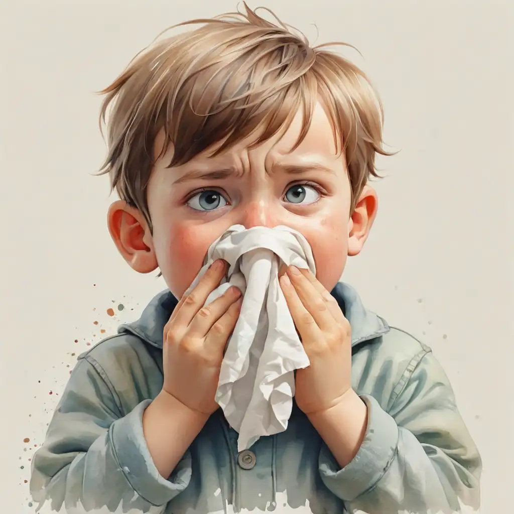 Child Blowing Nose with Watercolor Realism on White Background