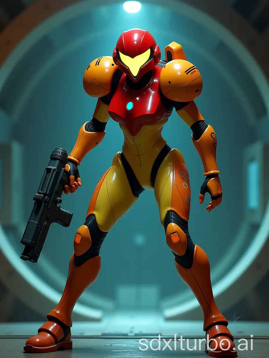 Samus Aran in zero suit, bending over and picking up a laser gun from portal