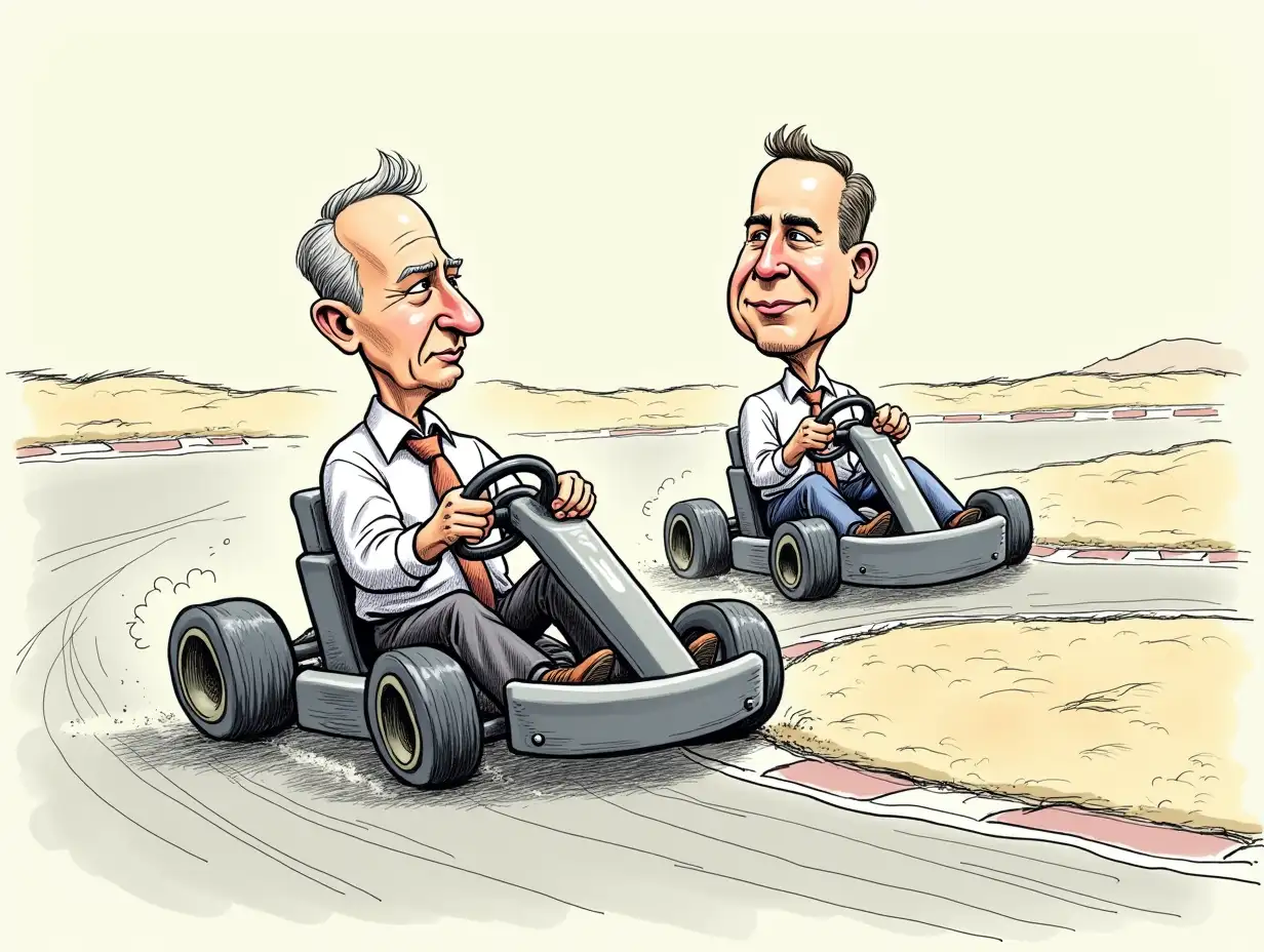 two businessmen go-cart racing on a winding track, Caricature cartoon sketch