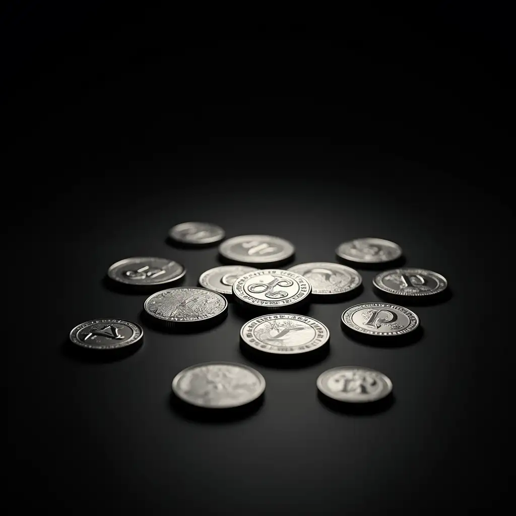 Shiny Silver Coins Scattered on Black Background