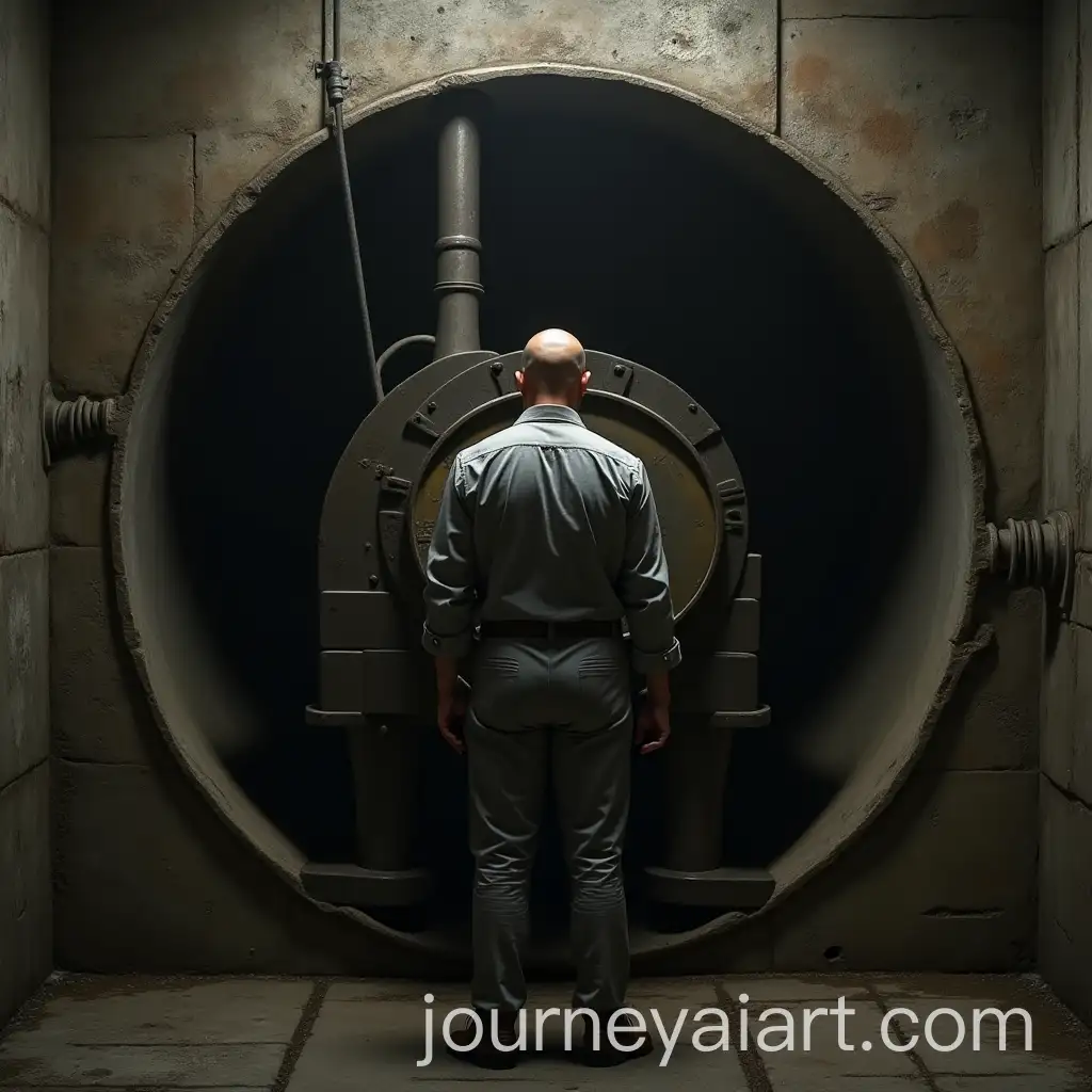 Bald-Man-Standing-in-Front-of-Meat-Grinder-in-a-Sewer