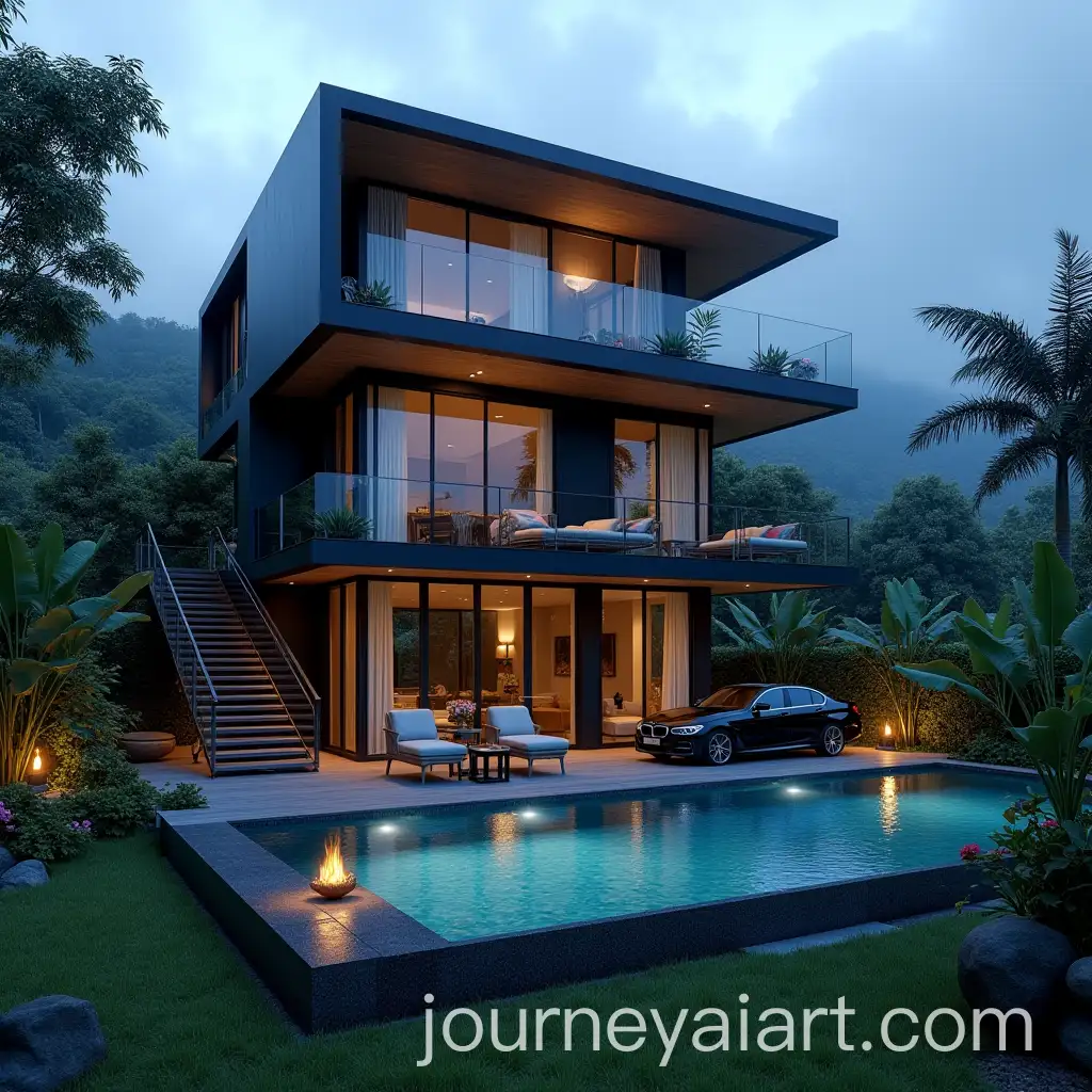 Modern-FourStory-Black-and-Blue-Villa-with-Infinity-Pool-in-Snowy-Rainforest