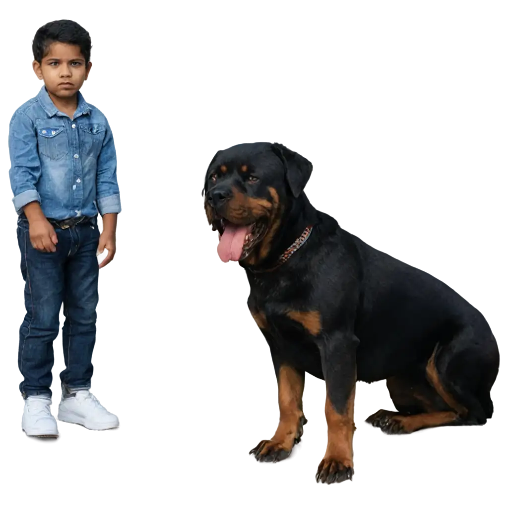 An Indian boy is stting infront of a Rottweiler dog.