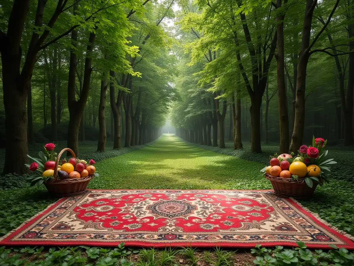 carpet decorated and large rug in the middle of a green forest above fruit basket roses