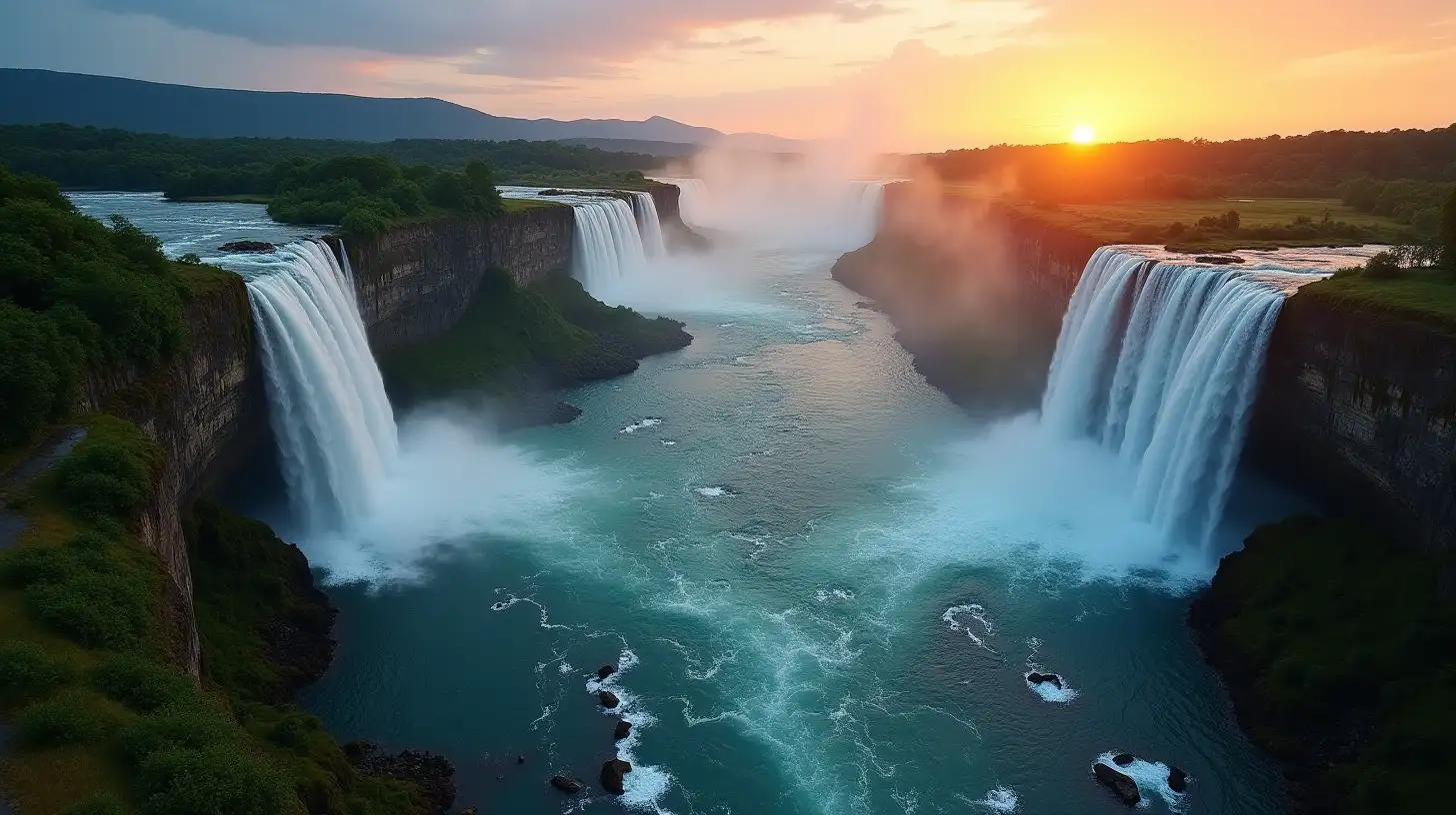 Birds Eye View of Three Waterfalls on a Troubled River at Sunrise