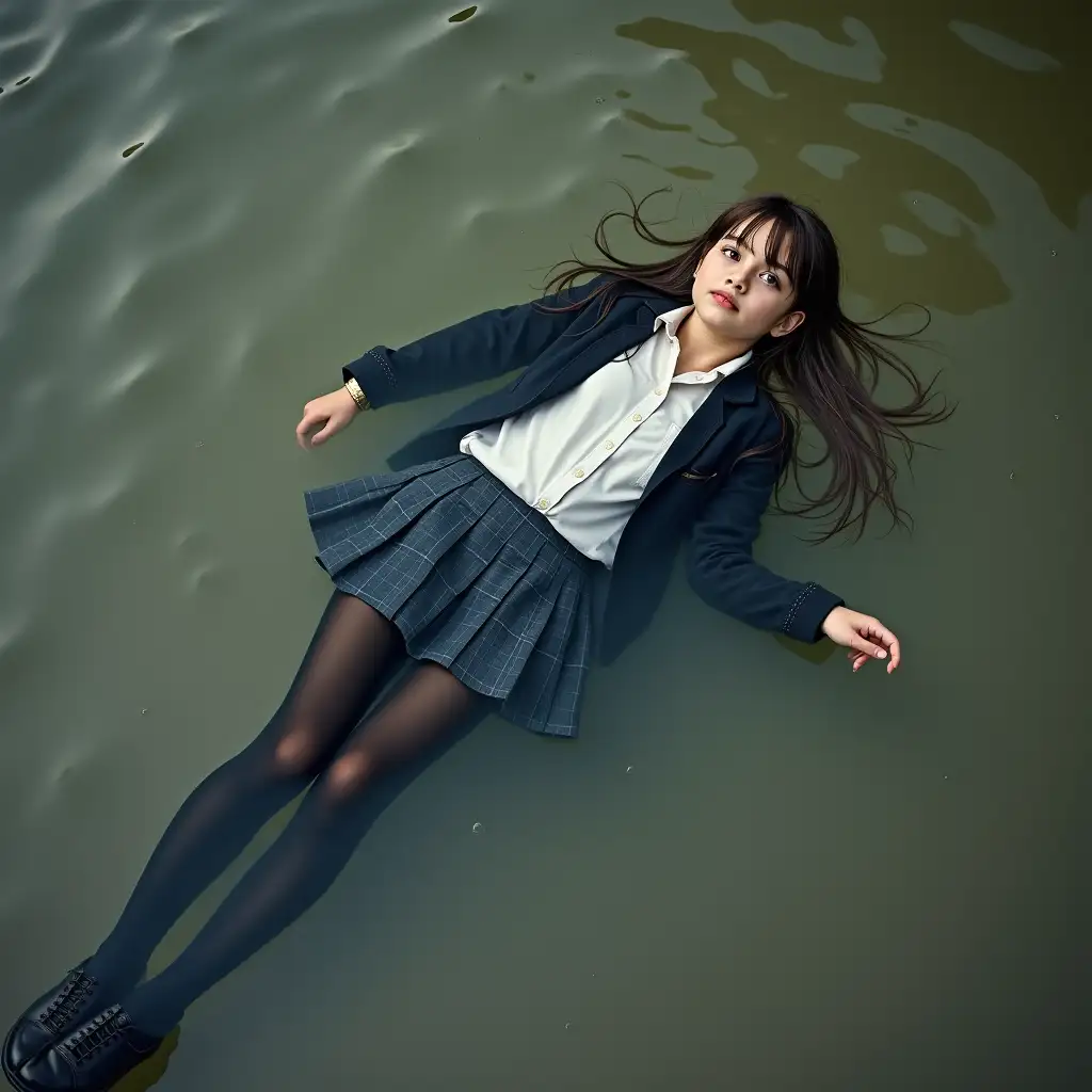 A young schoolgirl in a school uniform, in a skirt, jacket, blouse, dark tights, high-heeled shoes. She is swimming in a dirty pond, lying under water, all her clothes are completely wet, wet clothes stick to her body, the whole body is under water, submerged in water, under the surface of the water, below the water's edge.