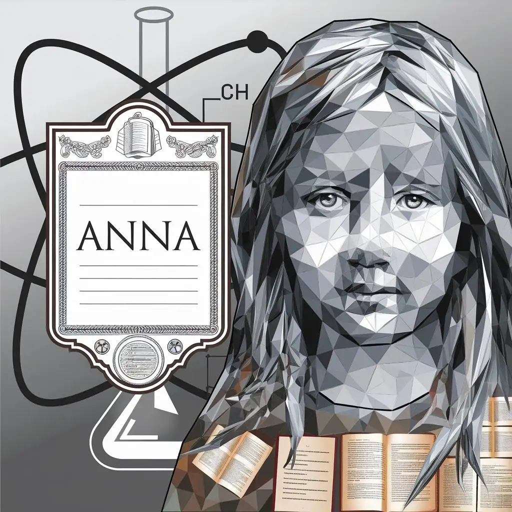 a vector logo design,with the text "Anna", main symbol:Exlibris: On a background of an atom and a chemical flask, the face of a girl with long hair, composed of a mosaic consisting of books, sheets of books.,Moderate,clear background