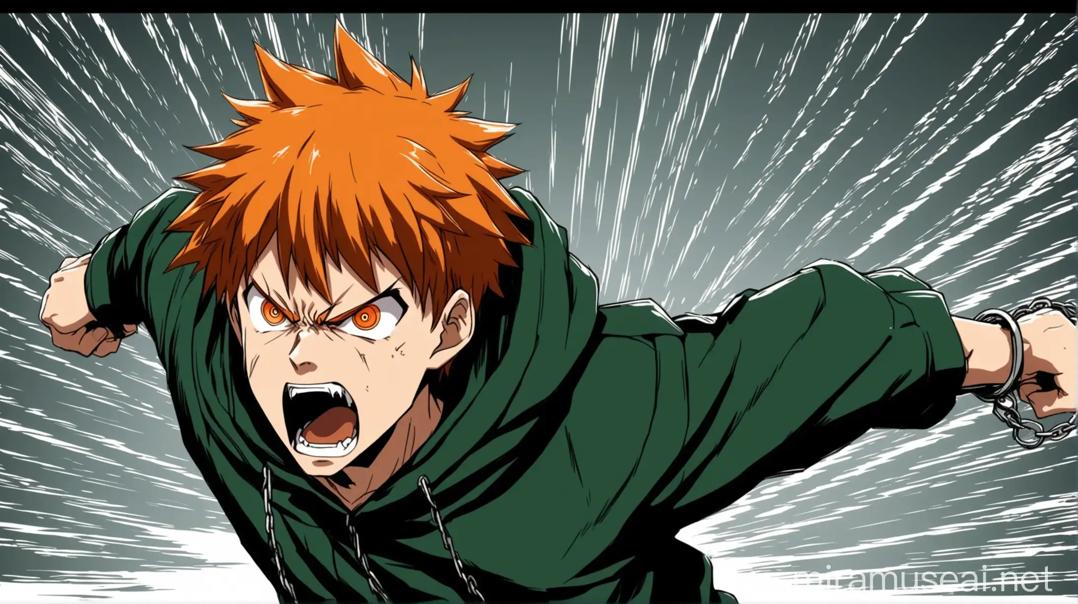 Anime Furious Boy Running in Dark Green Hoodie with Manga Speedlines