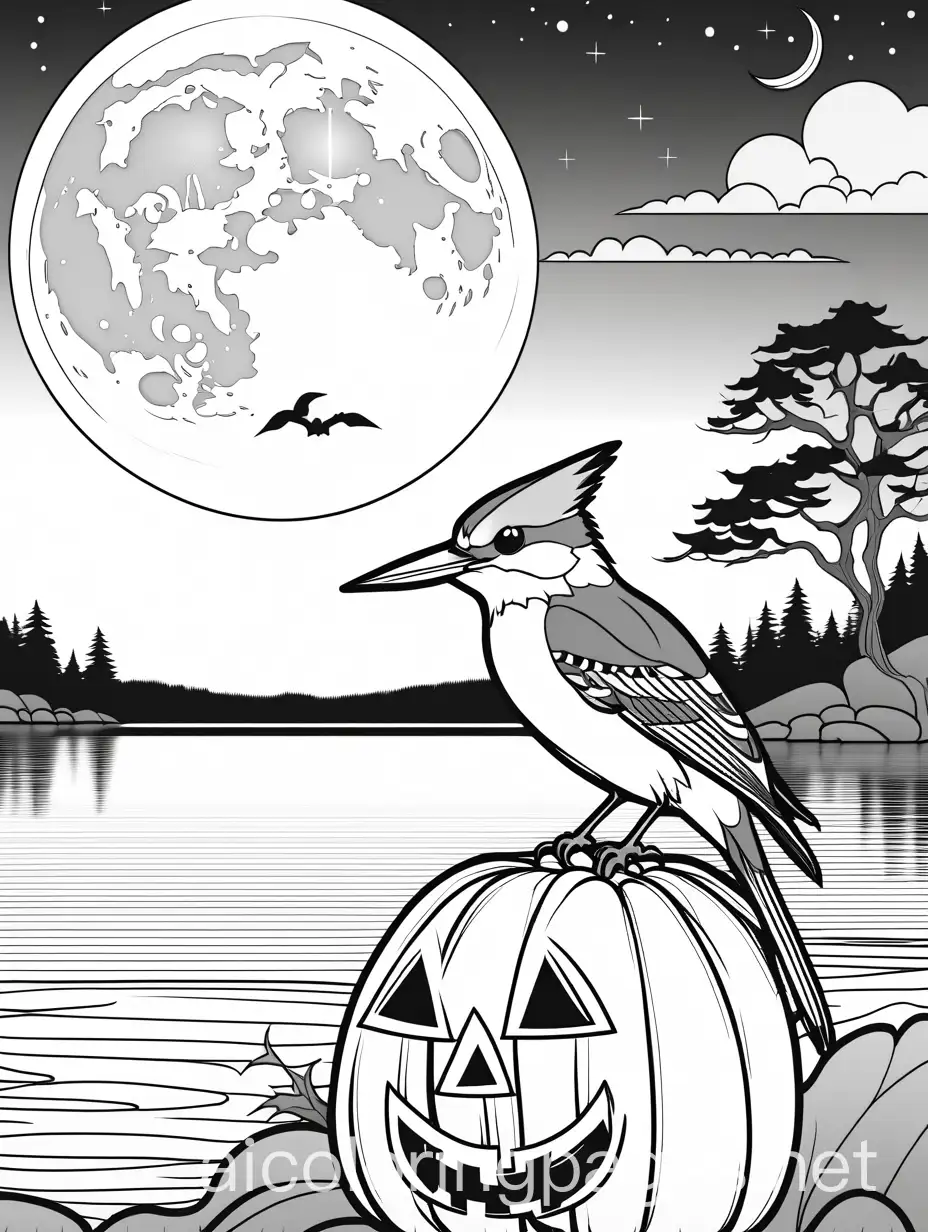 Belted-Kingfisher-in-Witch-Hat-by-the-Lake-with-JackoLantern-on-Full-Moon-Night