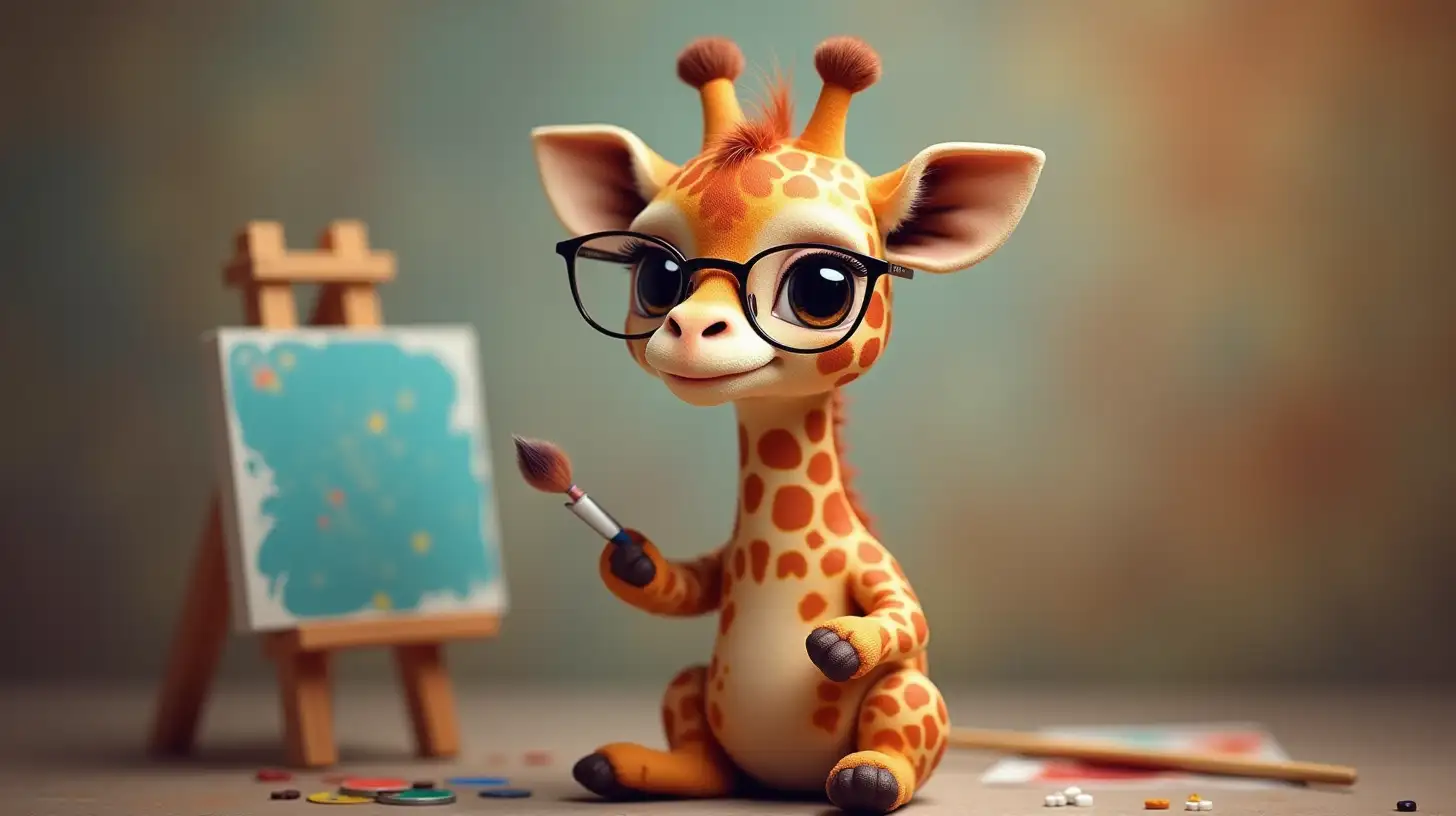 Adorable Baby Giraffe in Glasses as a Painter with a Colorful Palette