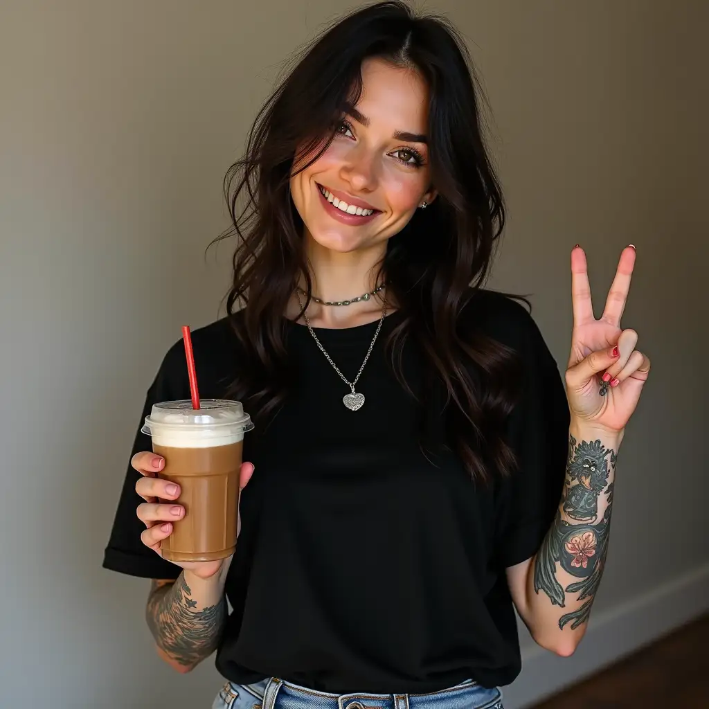 Woman-in-Black-TShirt-and-Jeans-Holding-Iced-Coffee-with-Rocker-Aesthetic-and-Tattoos