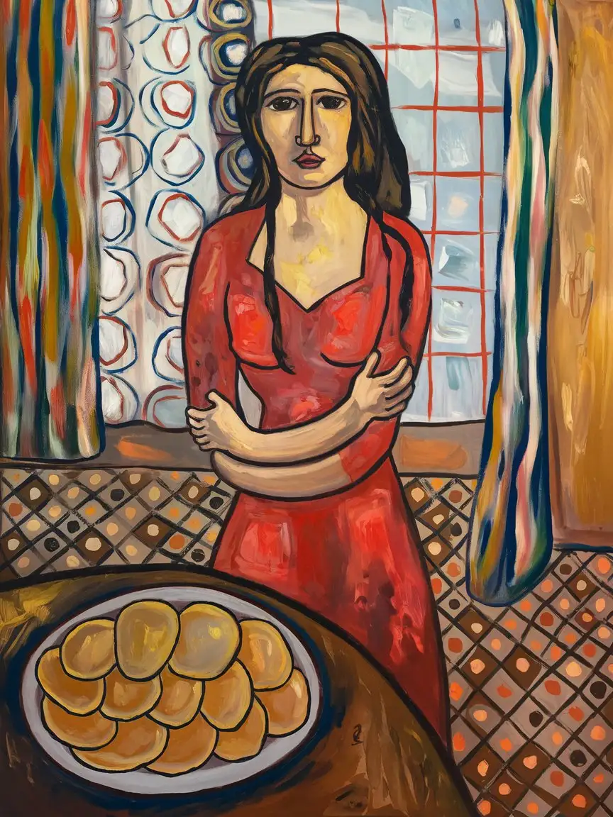 make an oil painting, portrait of a woman, feminism, pancakes, in the style of neoprimitivism based on artists such as Marc Chagall, Piet Mondrian