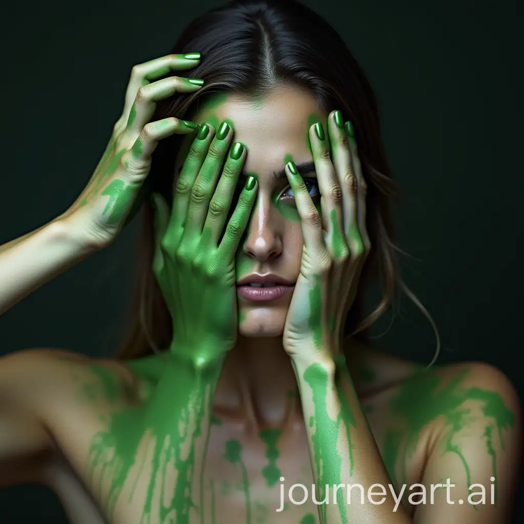 Woman-Concealing-Face-with-Hands-Amidst-Dripping-Green-Paint