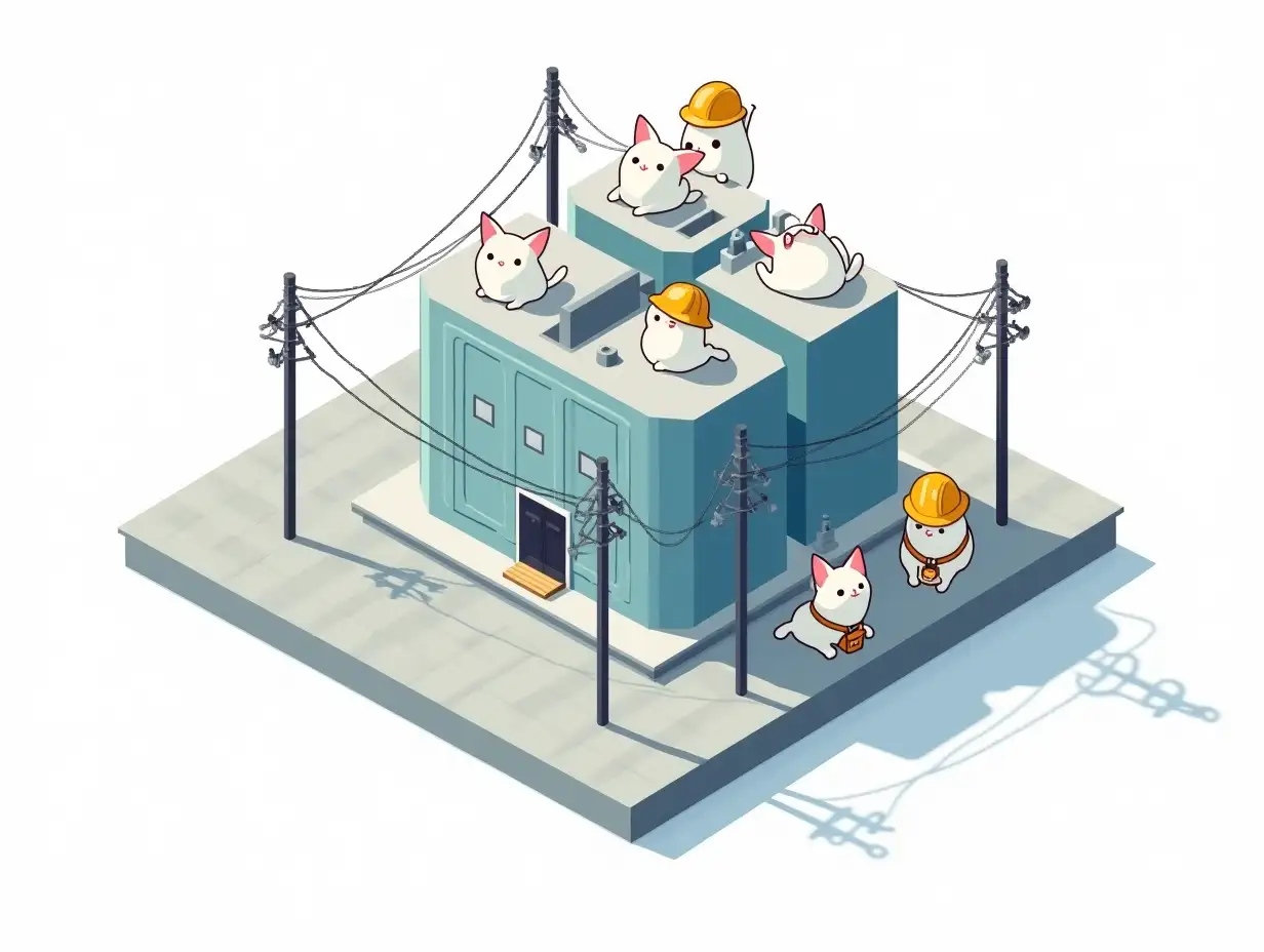 kawaii cats in nuclear power plant, a miniature in isometry of Russian nuclear power units reactor of PWR type with a high-voltage electrical line and small electricians in the form of white cats in hard hats,  Sticker design - top view, high resolution, vector graphics, white background, anime-style coloring