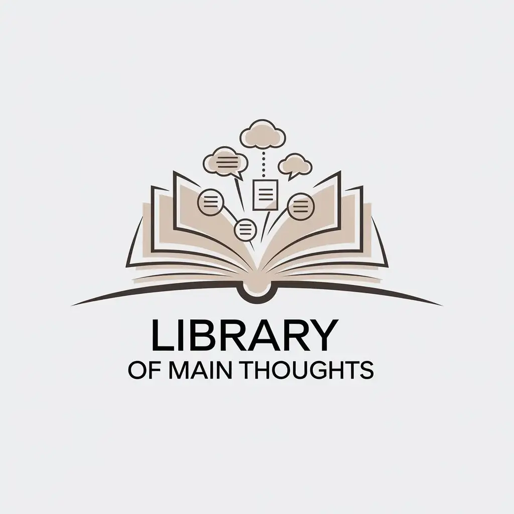 a vector logo design,with the text "library of main thoughts", main symbol:light beige background, symbols of thoughts and notes are floating above an open book,Minimalistic,be used in Education industry,clear background