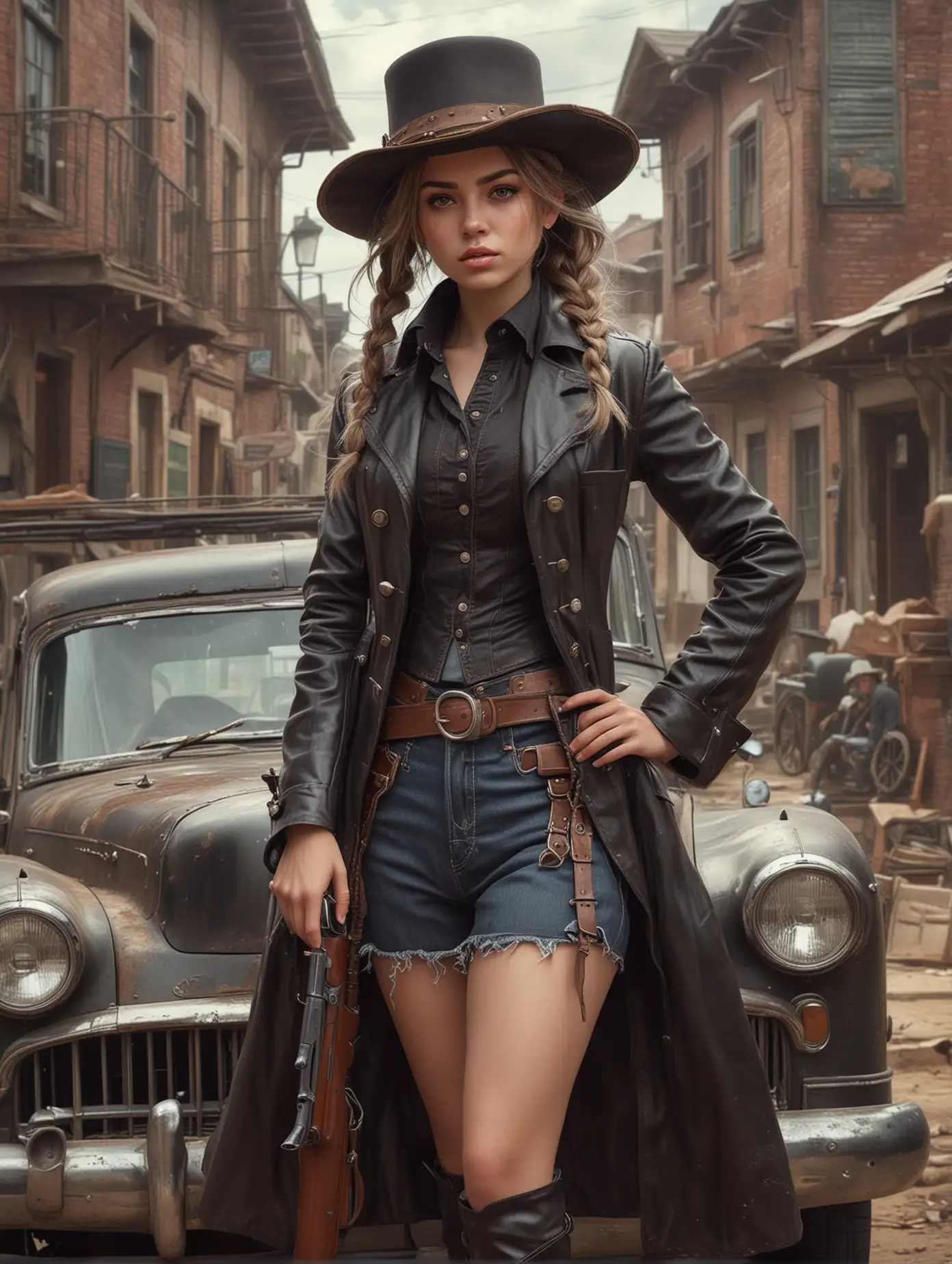 whimsical style of A fantastical of beauty anime american female in victorian outfit style with leather long coat and cowboy hat,  braided hair style, she was carrying a shot gun, she was in dynamic duel pose, angry face expression, she was standing in front of 1960's vintage car in dirty village background. Hyperrealistic and hyperdetailed elements, impressionistic masterpiece