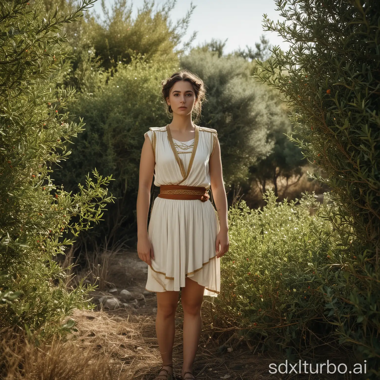 shot of a woman in ancient greek short outfit standing in a bushes