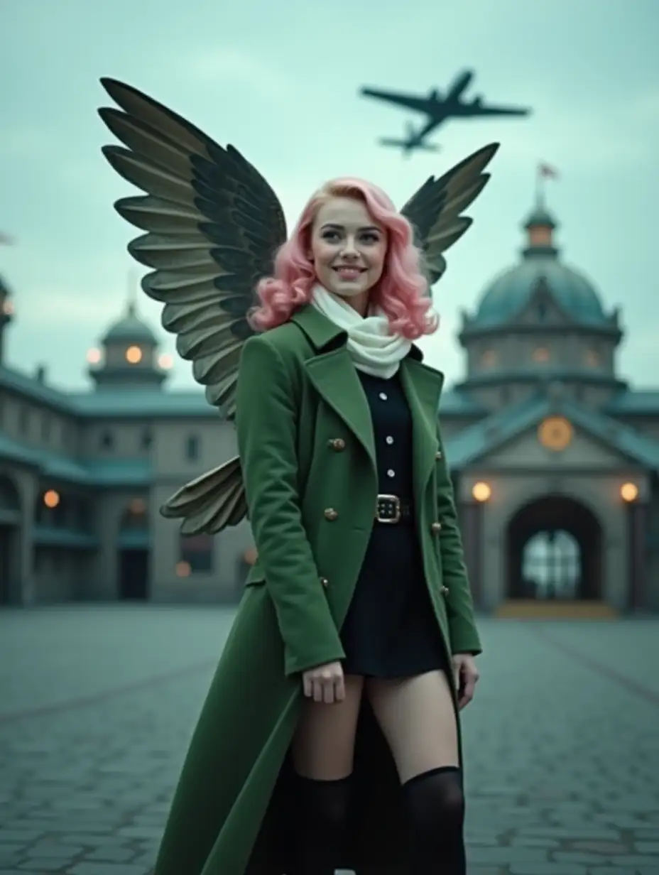 A beautiful young woman with big folded owl wings, light pink wavy hair, cheerful, playful face in style of 1940s, in long green coat, long white scarf, black gothic dress with white short skirt, black stockings, plump elastic legs, posing sexy in front of a beautiful gothic airport, vintage passenger black chrome airplane in style of 1940s flying far away in the sky, blue hour, early spring, sharp focus