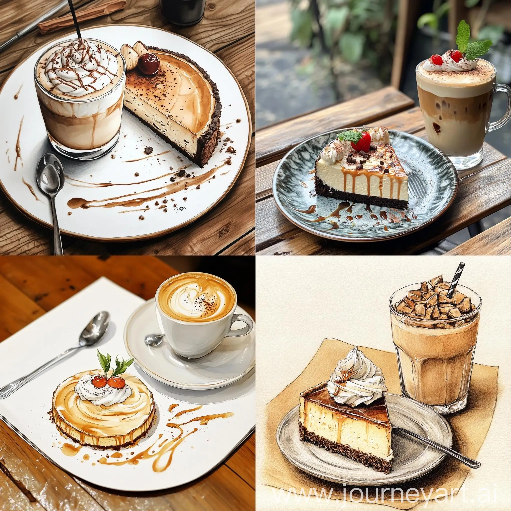 Iced-Latte-Coffee-and-Cheesecake-with-Decorative-Plate