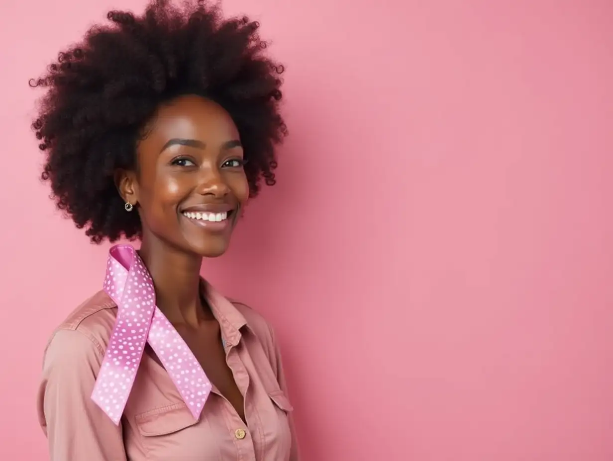 African-American woman with silk ribbon and space for text on color background. Breast cancer awareness concept