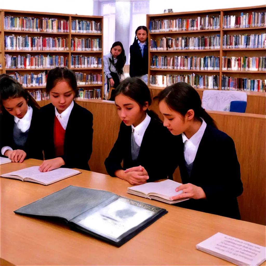 Library. Exhibition of Kazakh poet Abay. Pupils of grades 8-11 are sitting at the table. One reads the poem out loud.