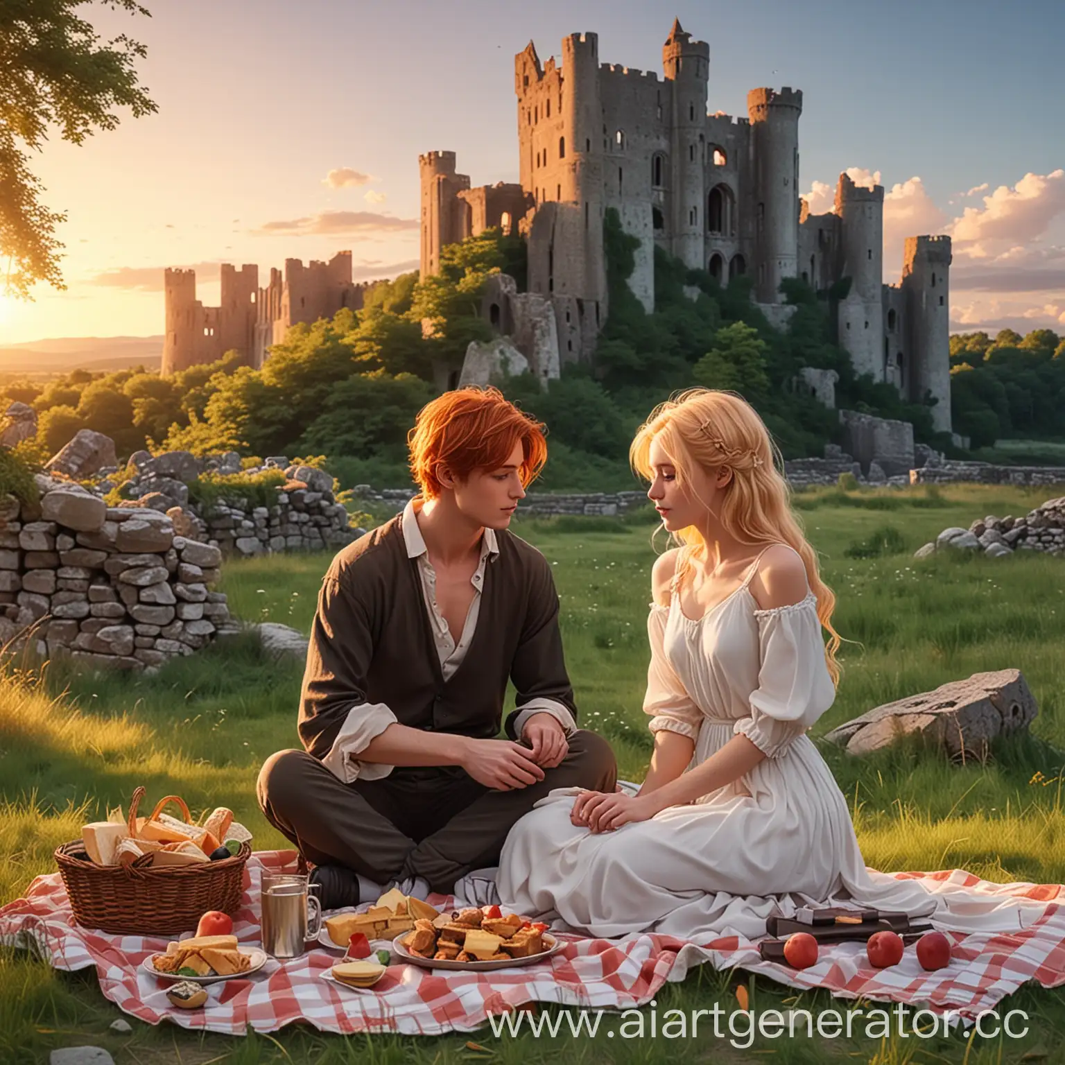 Anime-Style-Evening-Picnic-at-Irish-Castle-Ruins-with-Redhead-Boy-and-Blonde-Girl