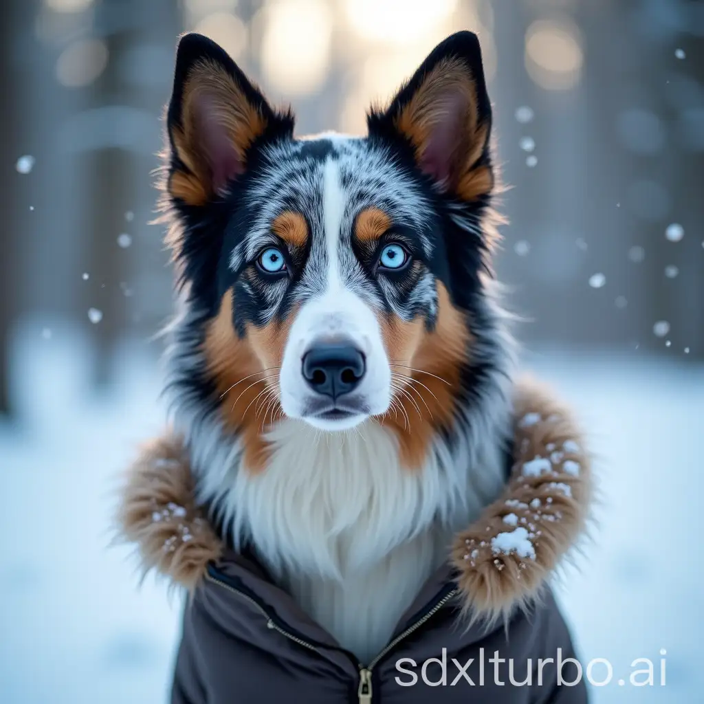 Australian-Shepherd-Dog-in-Snowy-Forest-with-Winter-Coat-and-Faux-Fur-Collar