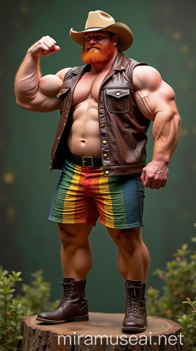 Muscular Redhead Bodybuilder Flexing on Stump in Colorful Leather Attire