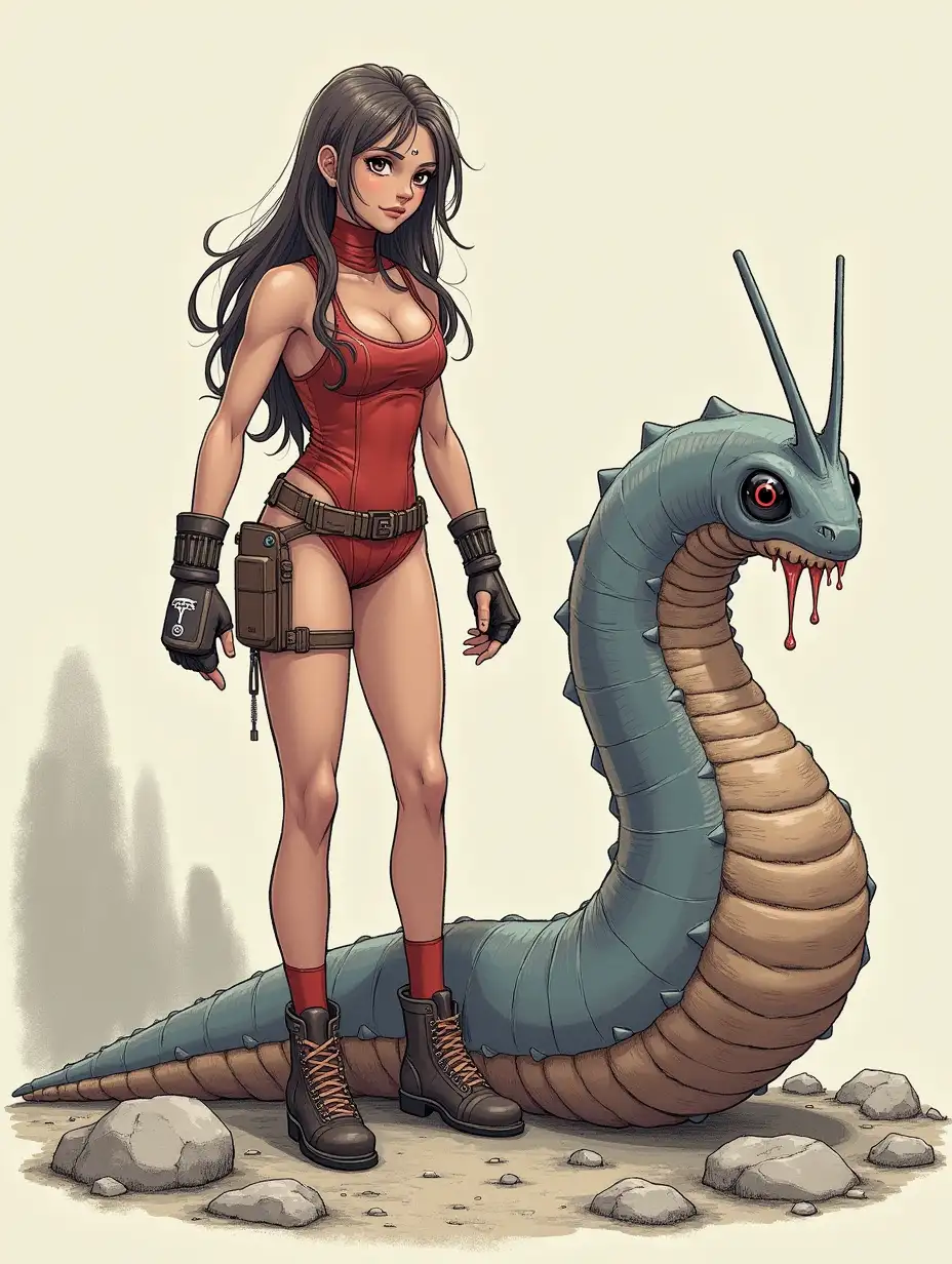 A nice and sexy girl in a fighting suit stands on a rocky background. Next to her is an alien creature similar to a giant slug, as tall as her waist. The slug has no eyes, but it has tentacles like a snail. Stylized as a drawing.