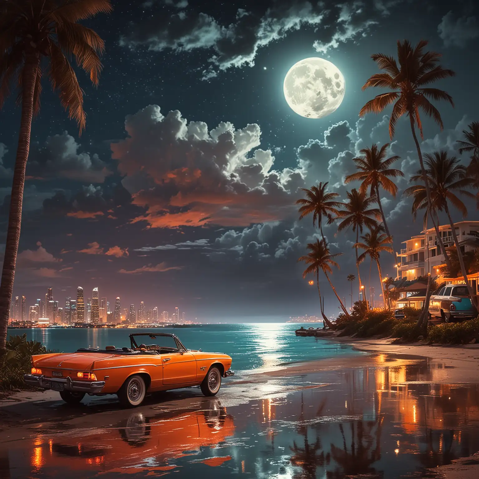 Convertible-Car-by-the-Beach-with-Futuristic-City-Skyline-and-Full-Moon