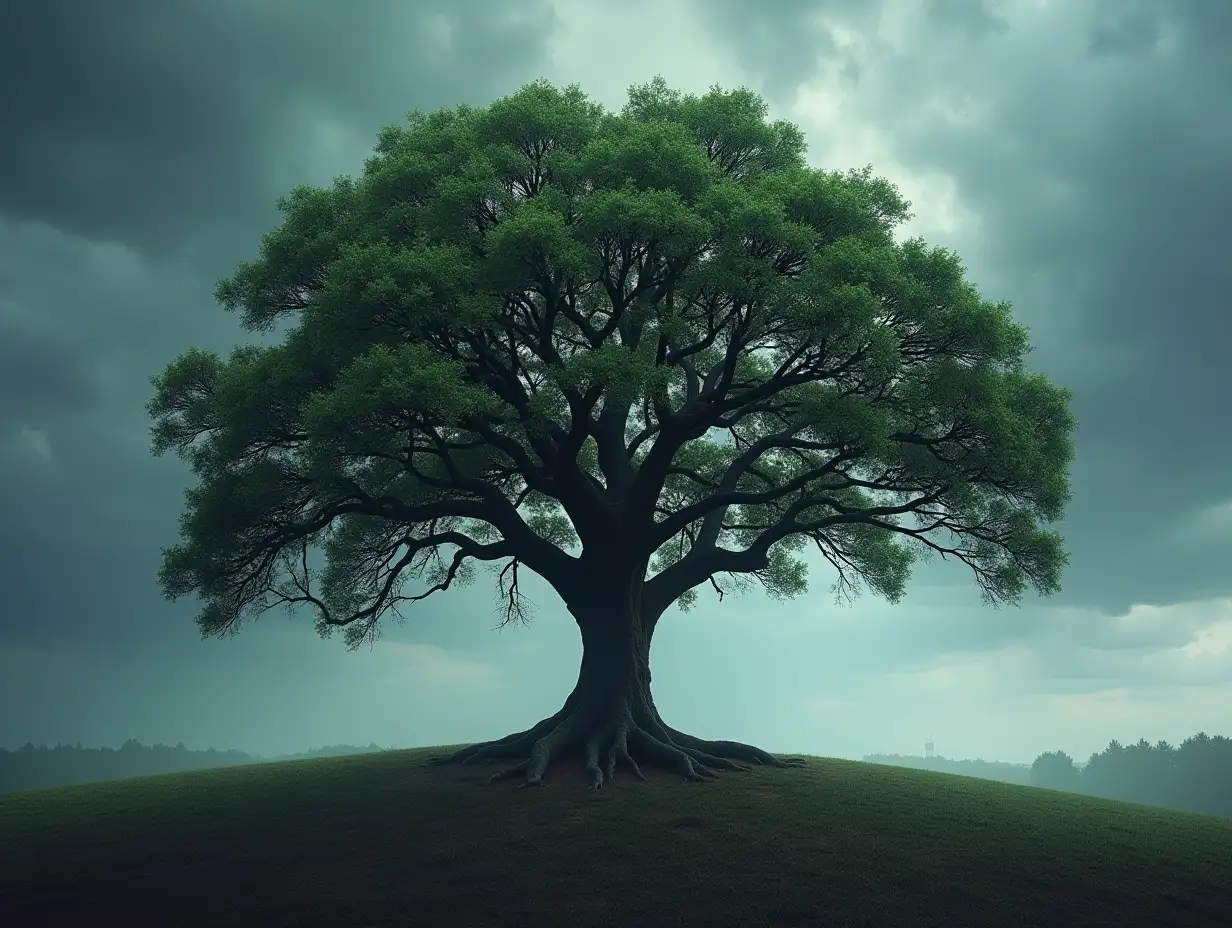 Create an image of a large, sturdy tree standing strong in the middle of a storm, with deep roots symbolizing resilience. The branches remain flexible yet unbroken, representing a resilient team