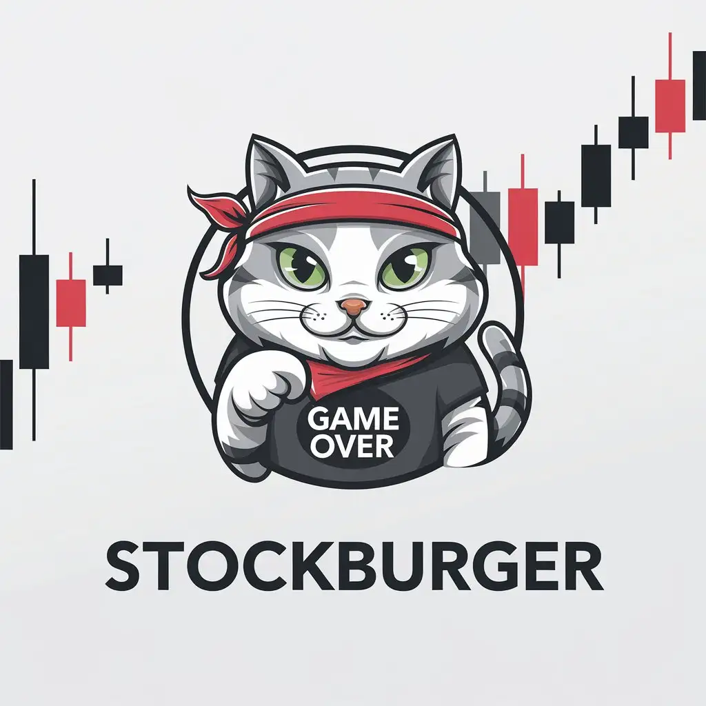 LOGO Design for StockBurger Cat with Red Bandana Game Over Tshirt in a Circle of Trading Candles