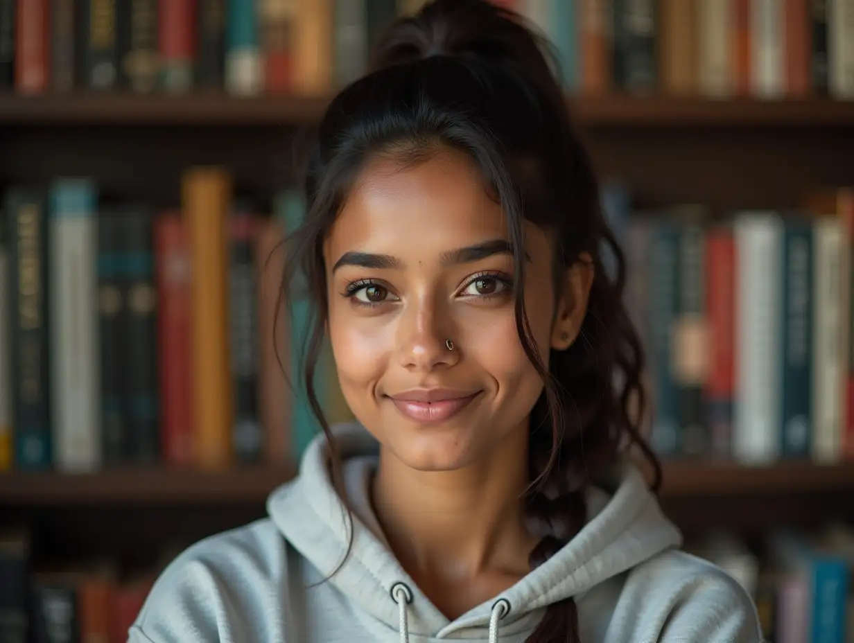 A 23 year old Indian woman wearing hoodie with a ponytail fair skin complexion book shelf with self help books in background