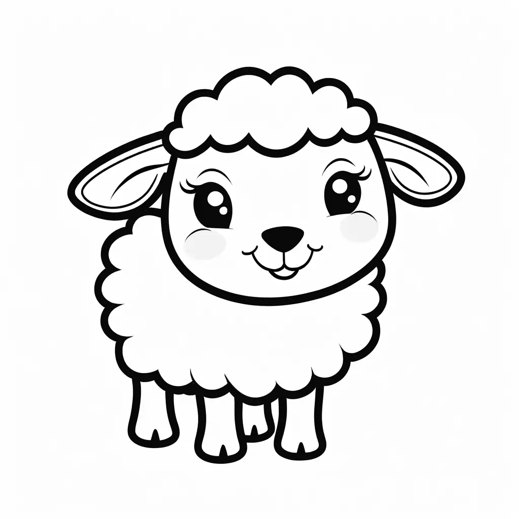 happy cute sheep smiling coloring page for toddlers, Coloring Page, black and white, line art, white background, Simplicity, Ample White Space. The background of the coloring page is plain white to make it easy for young children to color within the lines. The outlines of all the subjects are easy to distinguish, making it simple for kids to color without too much difficulty