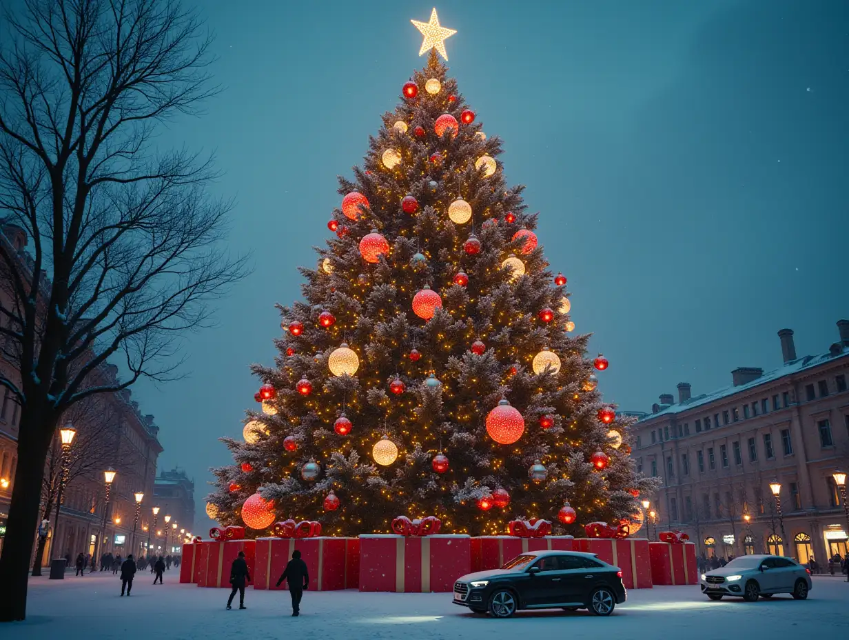 a large, elaborately decorated Christmas tree, on the branches of which hang bright New Year decorations in the form of Stelkian balls, inside each of which is a car of an existing brand (AUDI, BMW, MERCEDES, LAND ROver), with sparkling headlights. This is the general plan, the tree is visible in full growth. Video with sky and snow-covered ground. There are buildings in the background, there are big gifts at the foot of the Christmas tree, people walk and cars drive. The tree is huge. Cinematic and realistic style, it's snowing. Ultrarealism