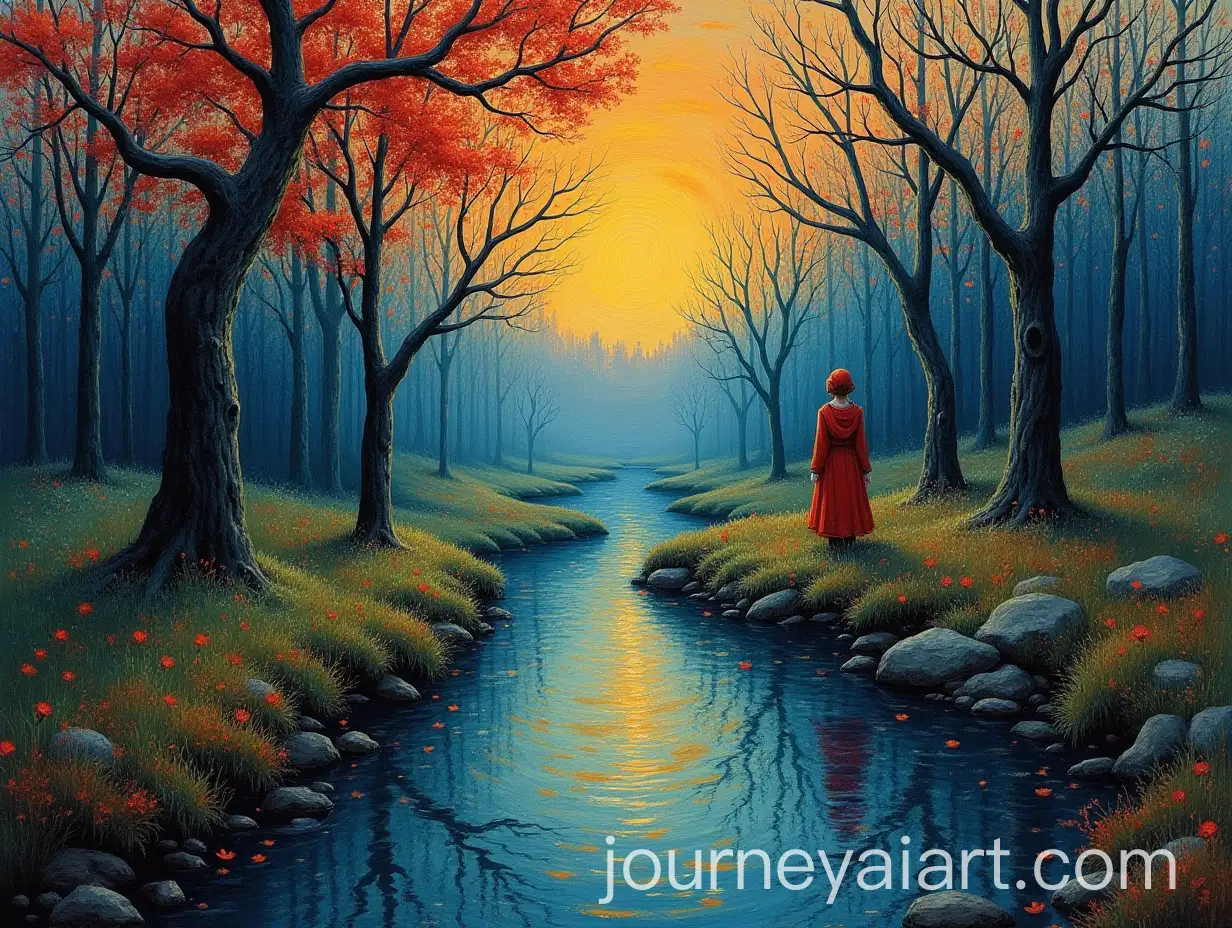 Boy-Encounters-an-Old-Woman-by-a-Serene-Creek-Surrounded-by-Trees