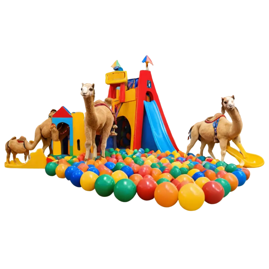 Camels in indoor soft play area with lots of coloured plastic balls and climbing frames and slides. Put a camel on the slide