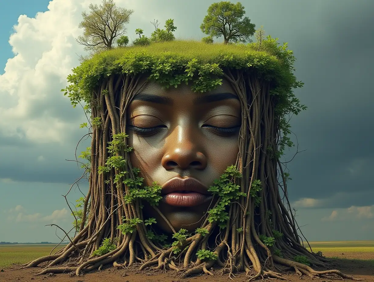 Face transformed into building with roots