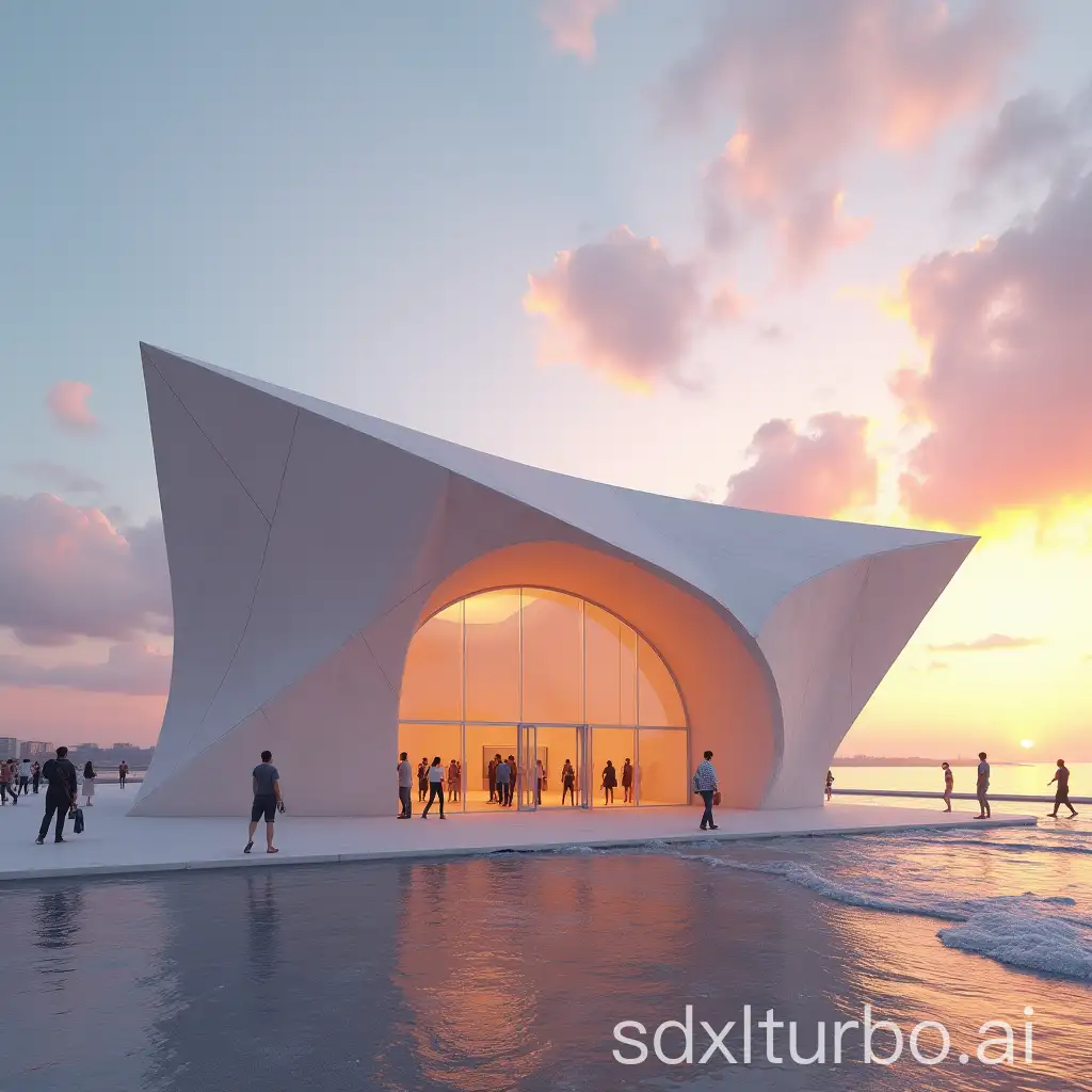 Abstract museum exterior building by the beach, people going inside, vibrant sunset, 3D render, 4K, Realistic