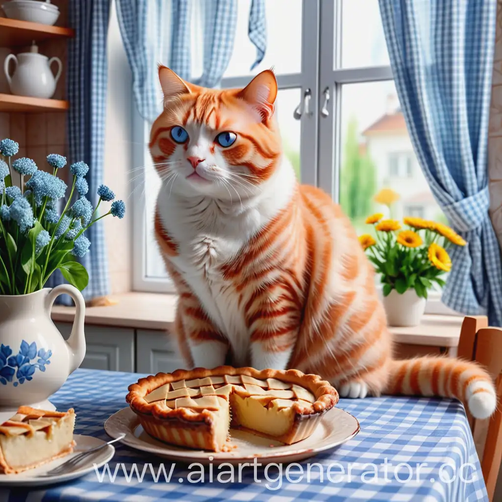 Sad wonderful fat ginger beautiful cat, sits at a table and looks at the plate with a plaited pie in a beautiful kitchen. Outside over flowers fly butterflies. Curtains in blue checkers.