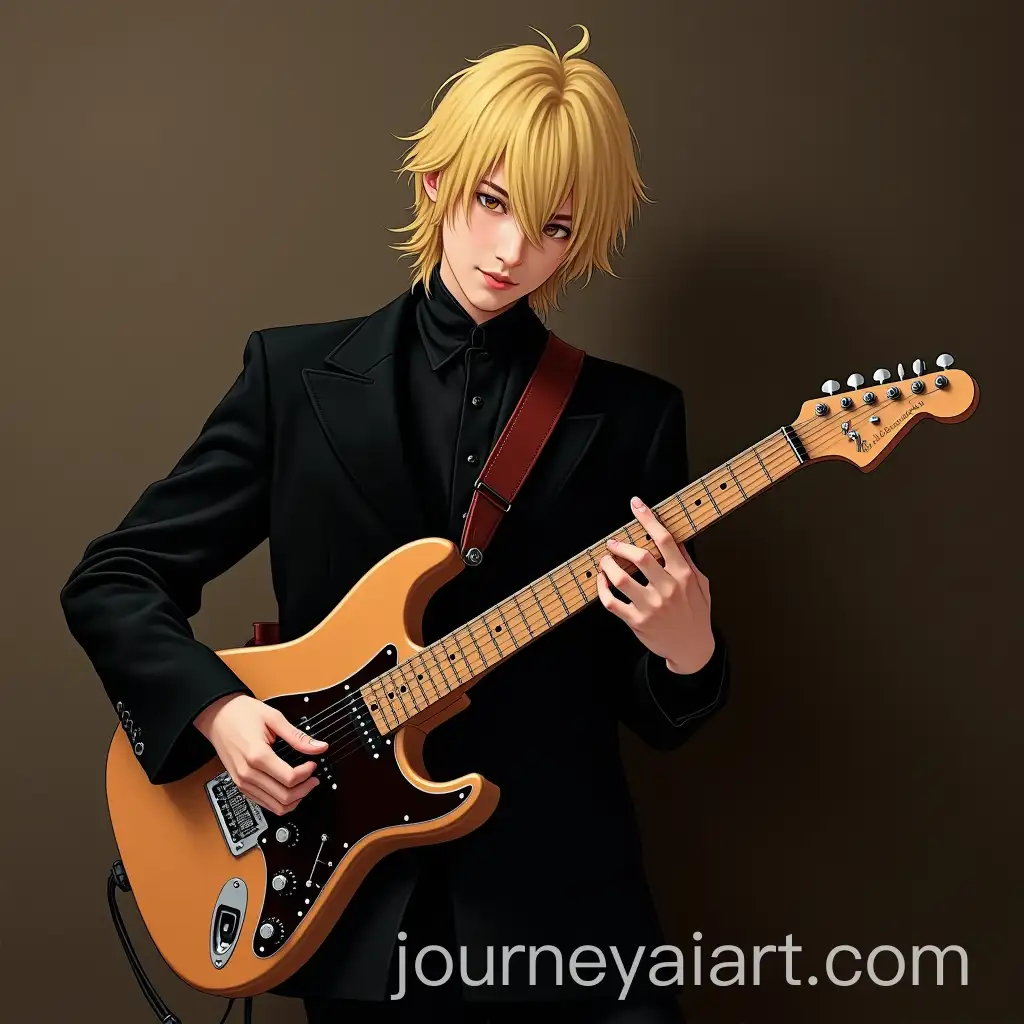 Neoclassical-Japanese-Guitarist-with-Blonde-Hair-Playing-Electric-Guitar-in-Black-Suit-for-TikTok