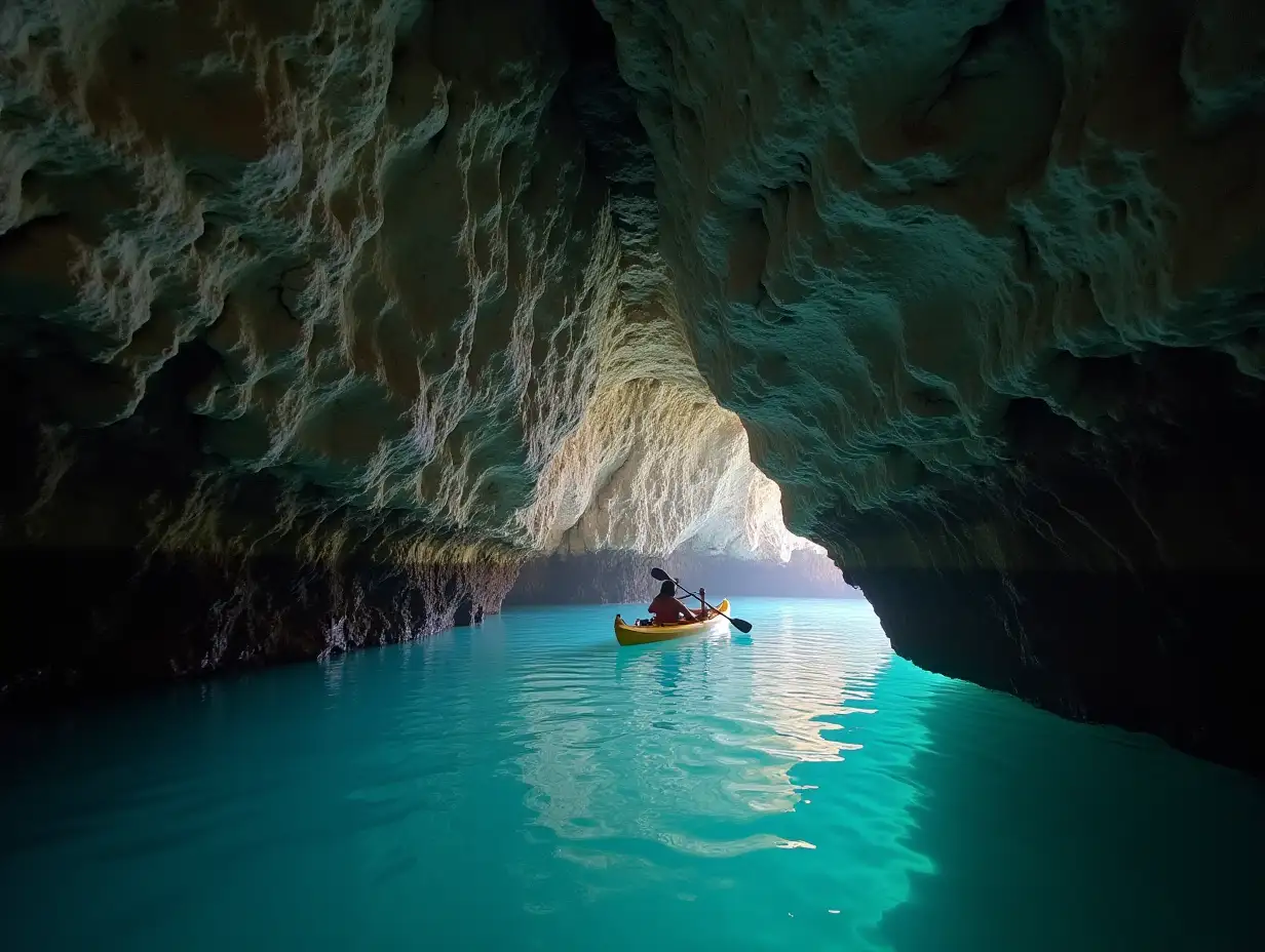 A kayaker exploring rocky cave in shallow sea