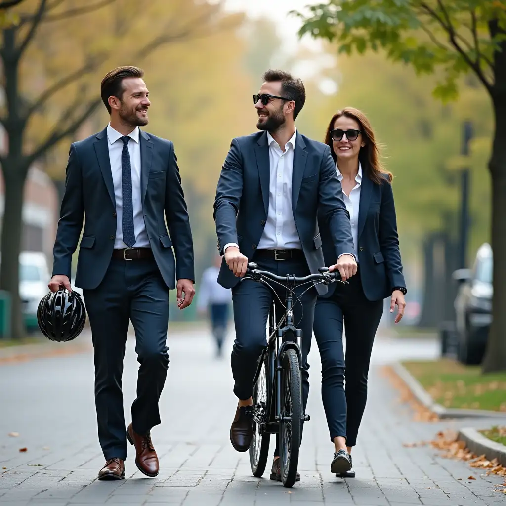 two men and one woman walking to work in business clothes one man carrying a helmet and pushing a bicycle