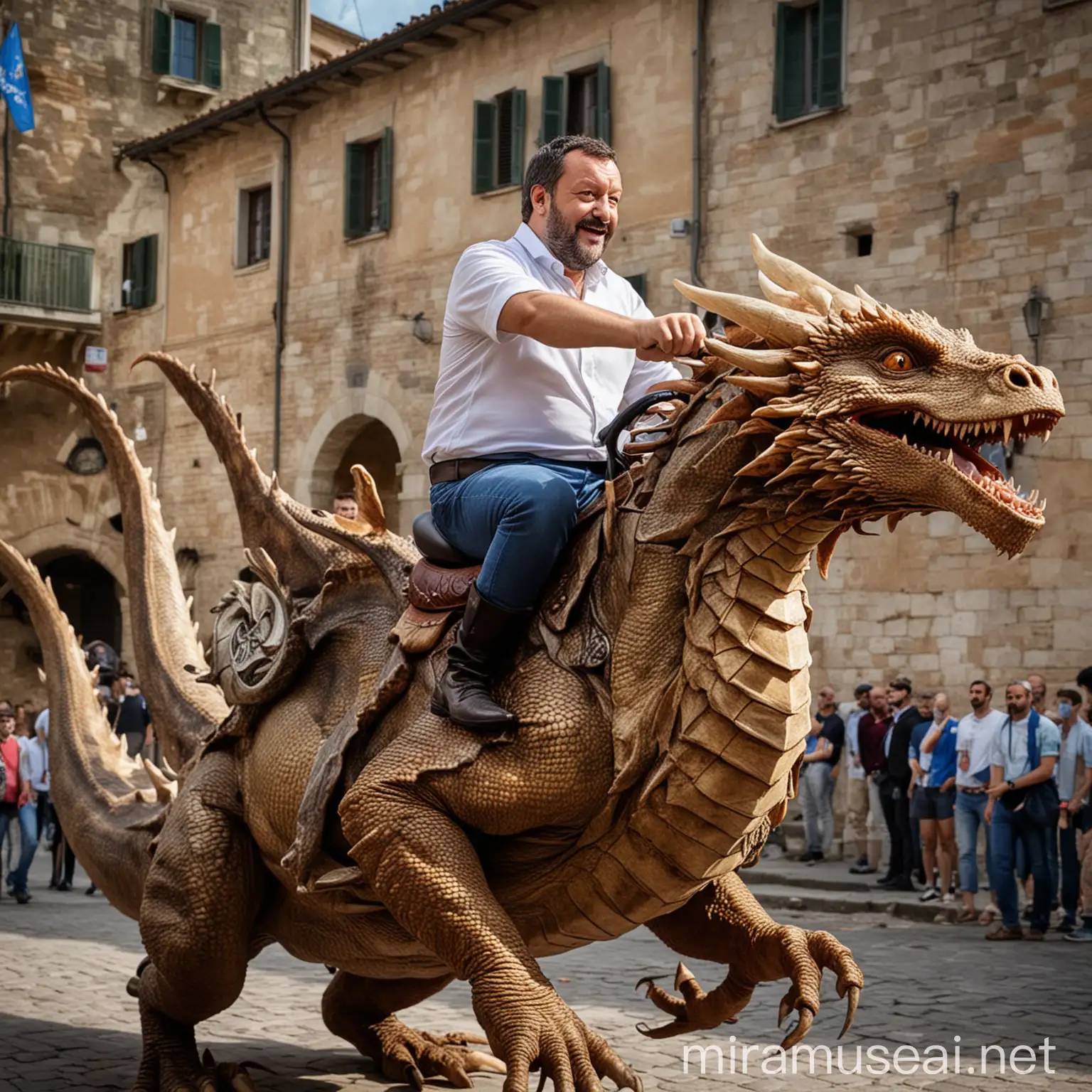 Matteo Salvini Riding a Dragon in Epic Fantasy Landscape